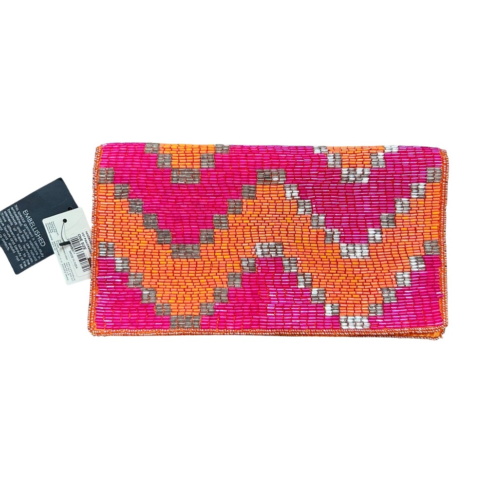 IXX Beaded Chevron Envelope Clutch Bag Pink Orange Silver Boho New with Tags